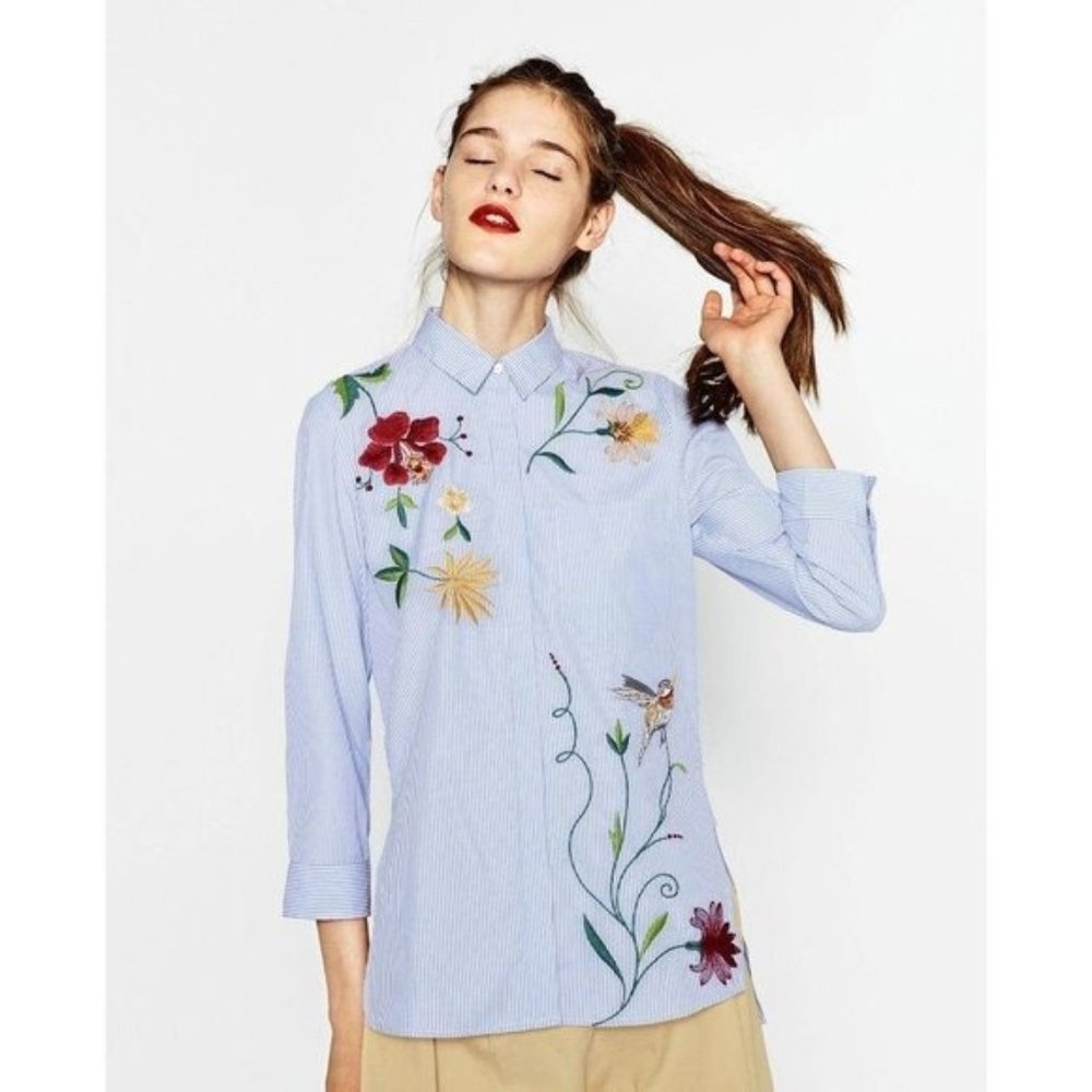Zara Embroidered Button Up Shirt Blue White‎ Stripe Floral Bird XS